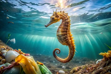 Fototapeta premium Long Exposure Image of a Seahorse Swimming Gracefully Amongst Plastic Debris, Highlighting the Harsh Reality of Water Pollution and Its Impact on Marine Life