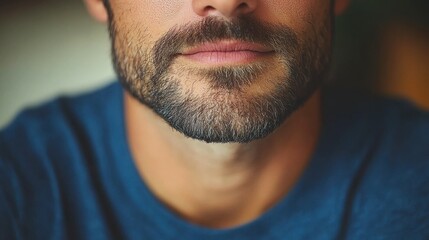 Obraz premium A man with a well-groomed beard and a relaxed expression sits indoors in a softly lit space. The cozy environment enhances the intimate atmosphere of the moment