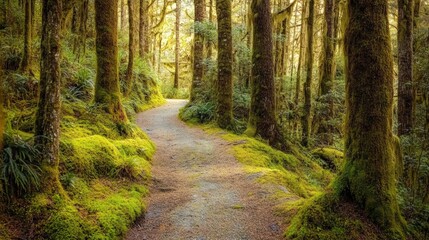 Fototapeta premium Enchanted Forest Path: A Serene Hike Through Mossy Woods