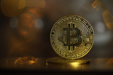Shiny Bitcoin Cryptocurrency Coin on Dark Background with Bokeh Effect