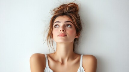 Obraz premium Young Woman with Natural Beauty and Thoughtful Expression Against a Plain Background