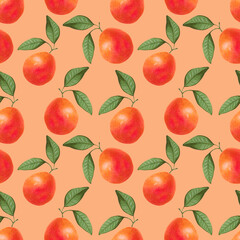 Fruit seamless pattern of whole grapefruit with leaves on orange background. Watercolor and marker illustration. Hand drawn isolated art. Sketch for healthy food packaging, paper, fabric printing