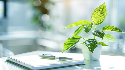 Healthy green plant on white table with small notebook and pen, symbolizing health advice and wellness tips, clean and focused image with copy space for text.