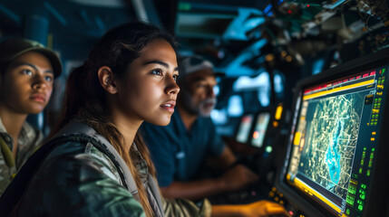 Young female operator analyzes data during a military briefing at night on a naval vessel