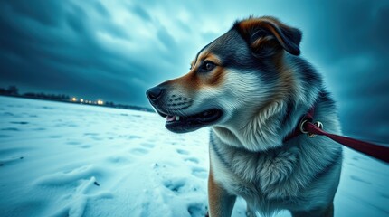 A dog joyfully pulls on its leash while exploring a snowy terrain, surrounded by a dramatic winter sky. The chilly air adds excitement to its playful spirit