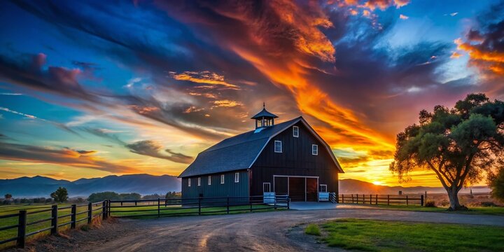 Silhouette Barn UCR Sunset, California Landscape Photography, Dramatic Sky, Rural Farm Scene, Night Photography, Dark Silhouette