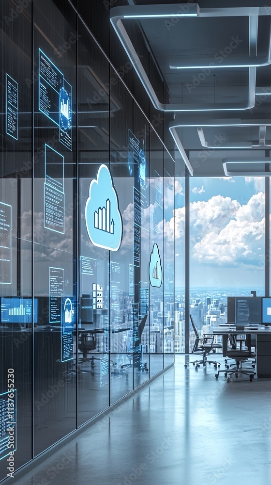 Poster cloud-based workflow management dashboard displayed on multiple screens in a modern office setting