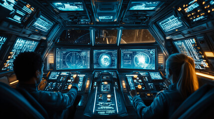 Control room of a futuristic spacecraft with astronauts managing navigation and systems at warp speed
