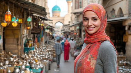 Obraz premium A woman wearing a vibrant hijab stands confidently in a lively marketplace filled with shops selling traditional items. The atmosphere is warm and inviting, capturing the essence of the culture