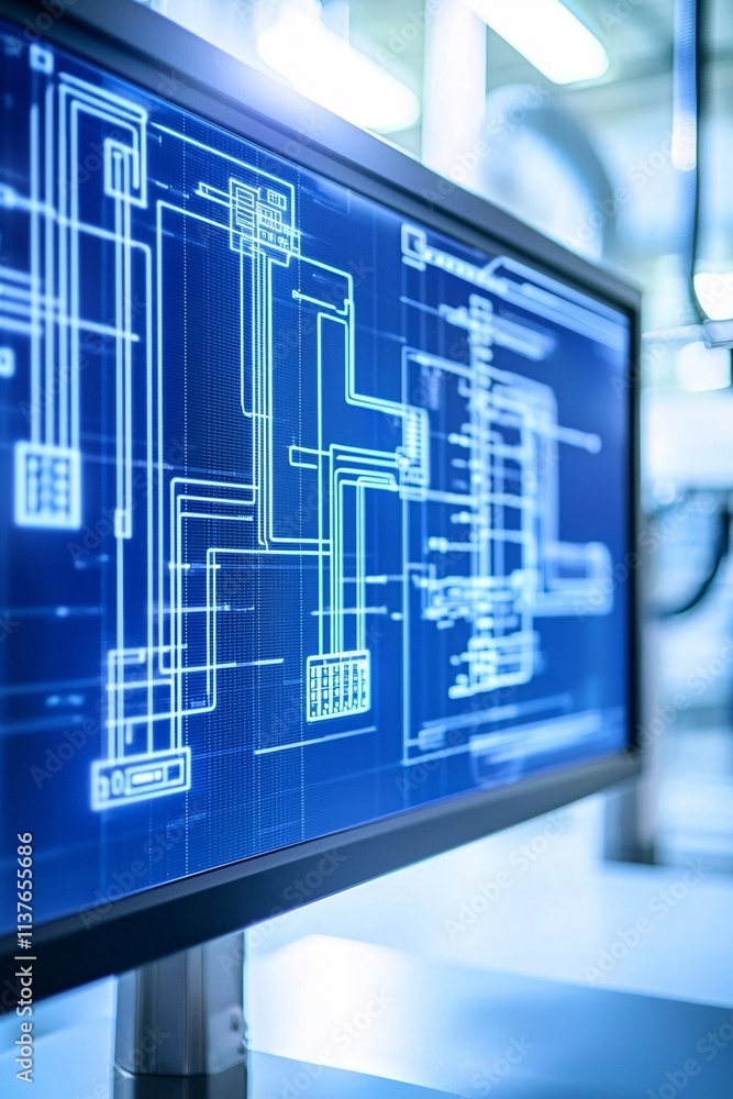 Poster cutting-edge technology interface with process optimization graphs on a vibrant digital display
