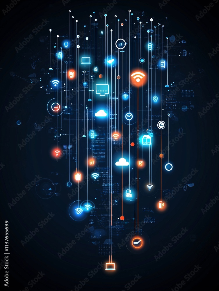 Poster abstract representation of data flow and cloud storage solutions with glowing icons