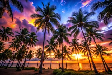 Long Exposure Palm Tree Coloring Pages: Tropical Sunset, Night Sky, Digital Art Prints