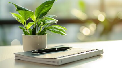 Healthy green plant on white table with small notebook and pen, symbolizing health advice and wellness tips, clean and focused image with copy space for text.