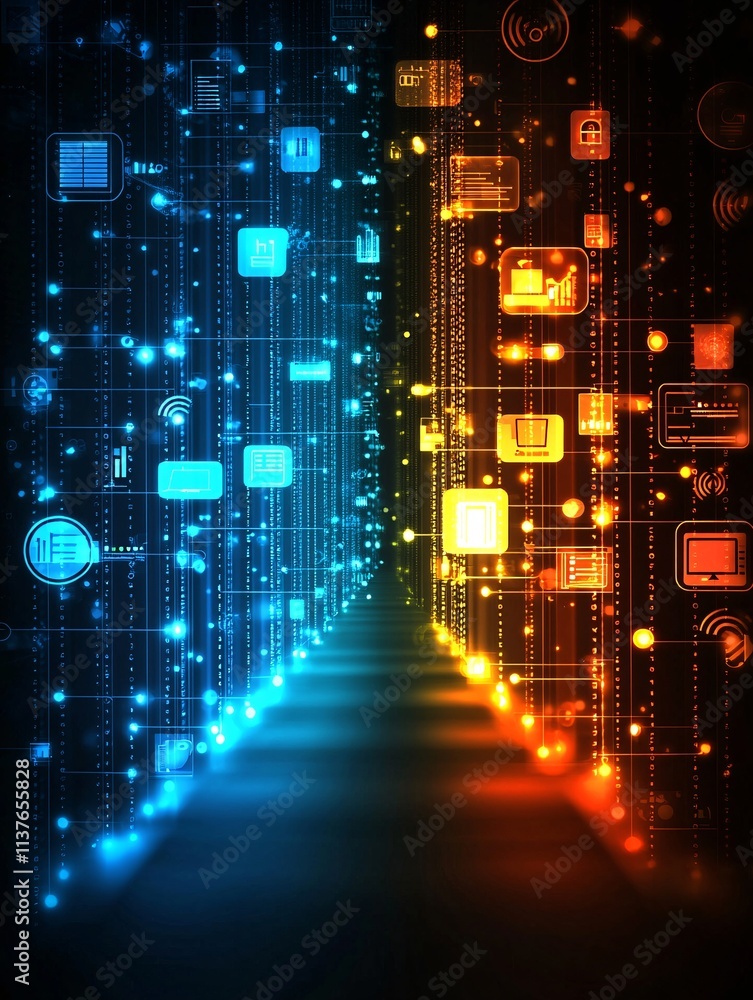 Poster abstract representation of data flow and cloud storage solutions with glowing icons