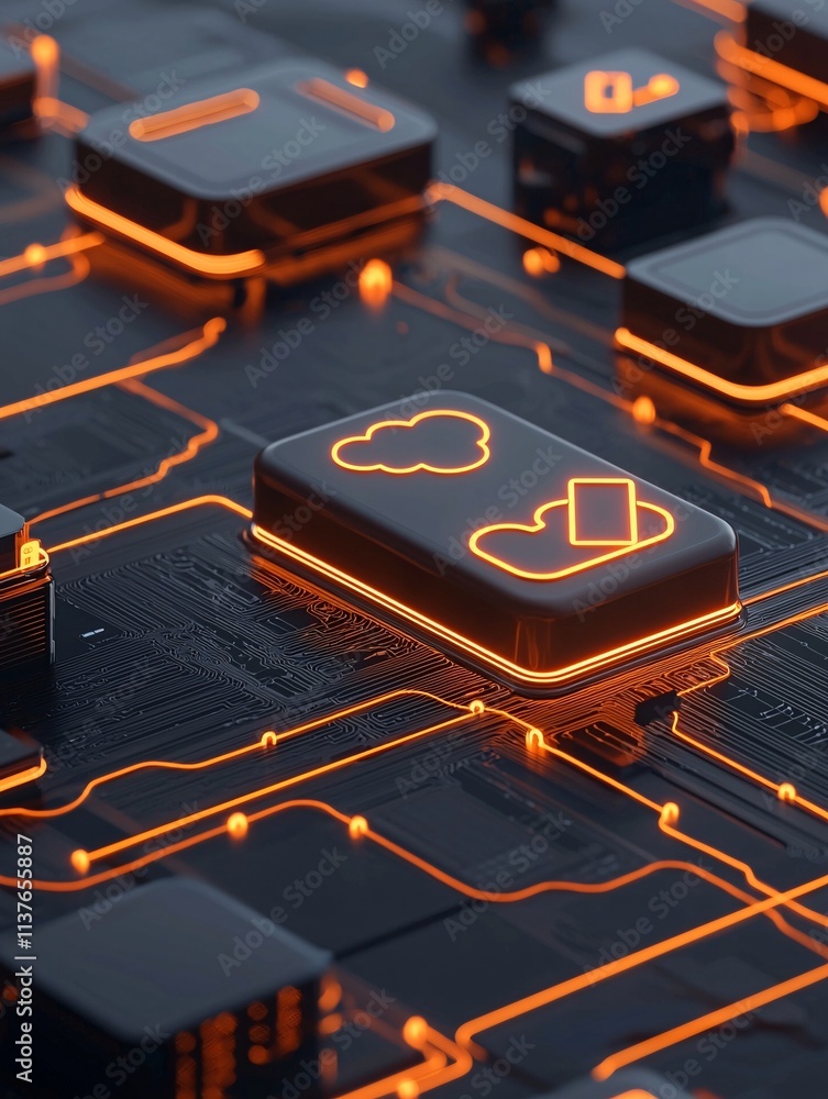 Poster abstract representation of data flow and cloud storage solutions with glowing icons