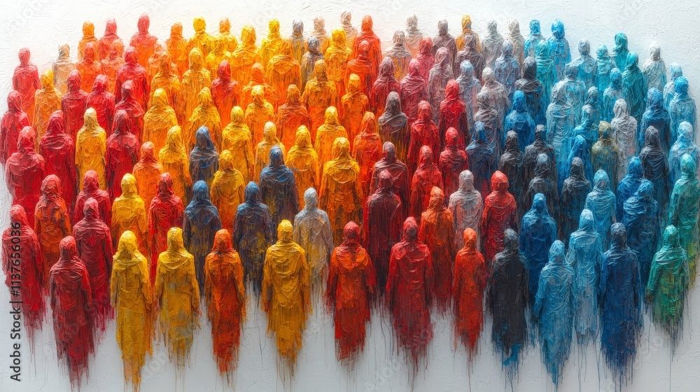 Poster diverse group of unique human figures in vivid colors standing together with dynamic textures and pa