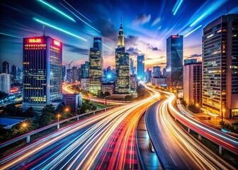 Fototapeta premium Long Exposure Photography: Business Podcast Success, Night City Lights, Blurred Motion, Professional Growth, Marketing Strategy