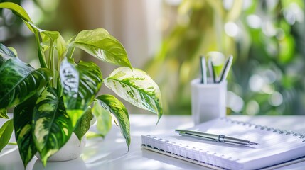 Healthy green plant on white table with small notebook and pen, symbolizing health advice and wellness tips, clean and focused image with copy space for text.