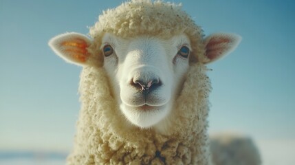 Obraz premium Close-Up Portrait of a Fluffy White Sheep Grazing in Serene Landscape