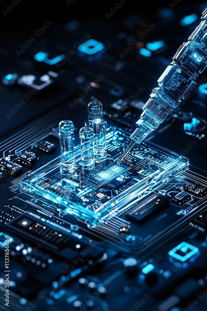 Poster workflow automation represented by robotic arms and digital interface panels
