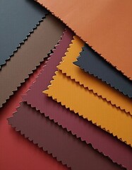 A collection of genuine pigskin leather samples showcases a variety of colors, including shades of orange, gold, brown, and black. Each piece displays unique textures and finishes. Generative AI