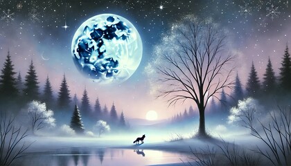 Naklejka premium Dreamlike Winter Night with a Fox Beneath Misty Navy Moonlight