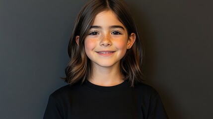 Fototapeta premium A young girl with brown hair smiles warmly while wearing a black shirt. She stands confidently against a dark backdrop, radiating happiness and a carefree spirit