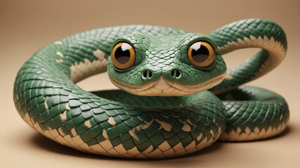 A moody style professional photograph of a 3D rendering clay plastic style green snake with an open mouth and big eyes on a mocha mousse background.