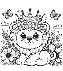 Coloring page design education lion wearing crown 
