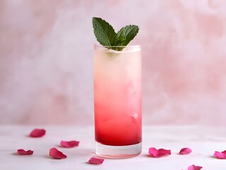 A refreshing layered cocktail garnished with mint, set against a soft background with scattered rose petals.