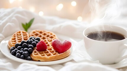 A cozy breakfast scene featuring waffles topped with berries and a heart-shaped strawberry, alongside a steaming cup of coffee.