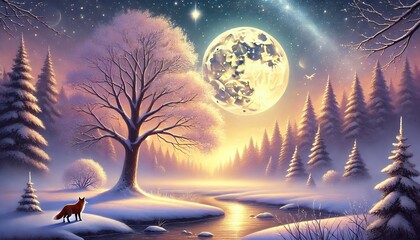 Magical Winter Night with a Fox Beneath Golden Moonlight and Mist