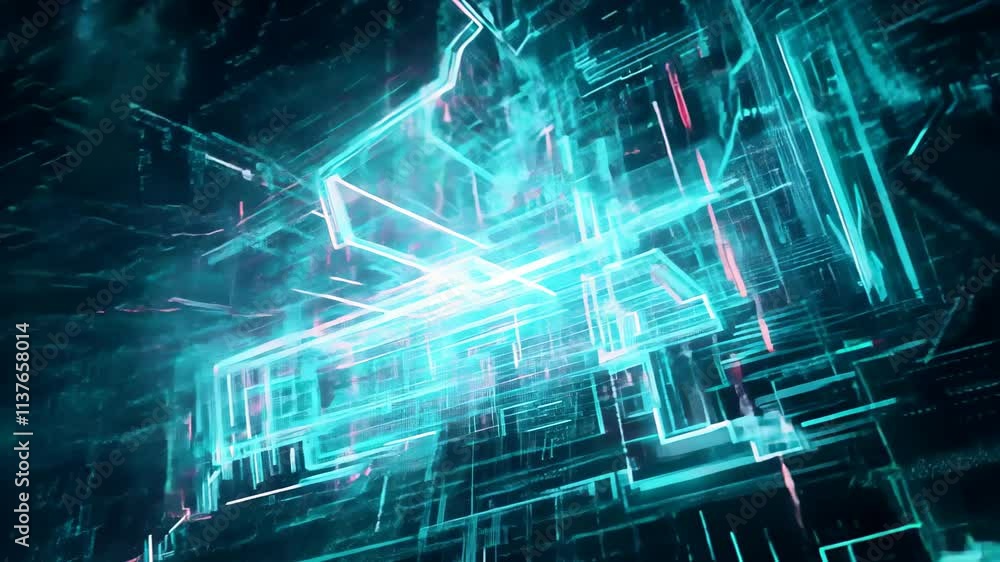 Poster Visual representation of abstract digital network displaying data connections and glowing lines in a dark environment