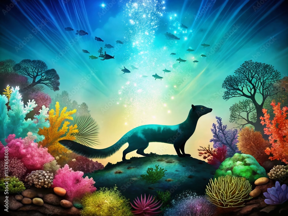 Poster silhouette of weasel filled with coral reef underwater view in a rough drawing style, perfect for na