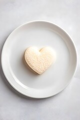 Obraz premium A heart-shaped dessert sits on a white plate, showcasing simplicity and elegance, perfect for romantic occasions or special celebrations.