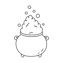 A witch's cauldron of boiling potion isolated on a white background. Hand-drawn vector illustration in doodle style. Perfect for decorations, logo and Halloween designs.