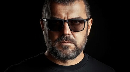 Obraz premium A man with a beard and sunglasses stares intensely in a dimly lit environment. His serious demeanor creates a mysterious and captivating atmosphere