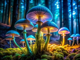 Fototapeta premium Long Exposure Rams Head Mushrooms Photography - Stunning Night Forest Fungi Images