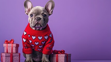 Adorable French Bulldog in Red Sweater for Valentine's Day