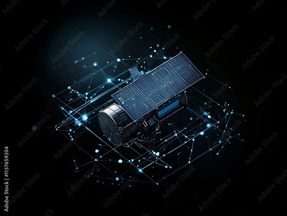 Poster connectivity driving digital transformation, illustrating global satellite systems, real-time commun