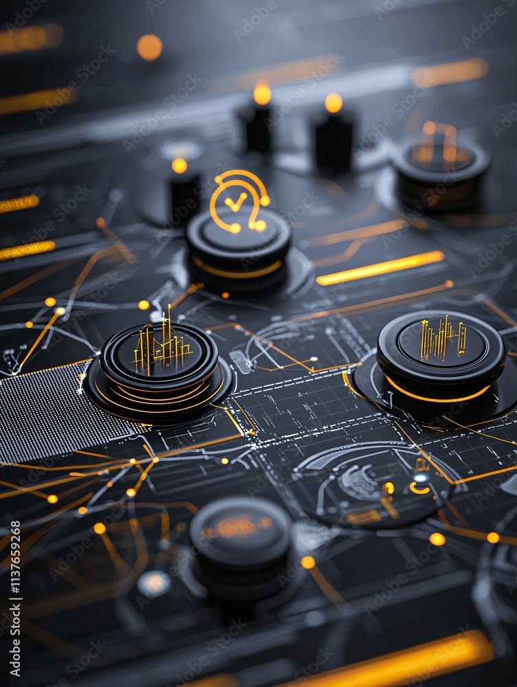 Poster analytics as the centerpiece of digital transformation processes, featuring glowing holograms, real-