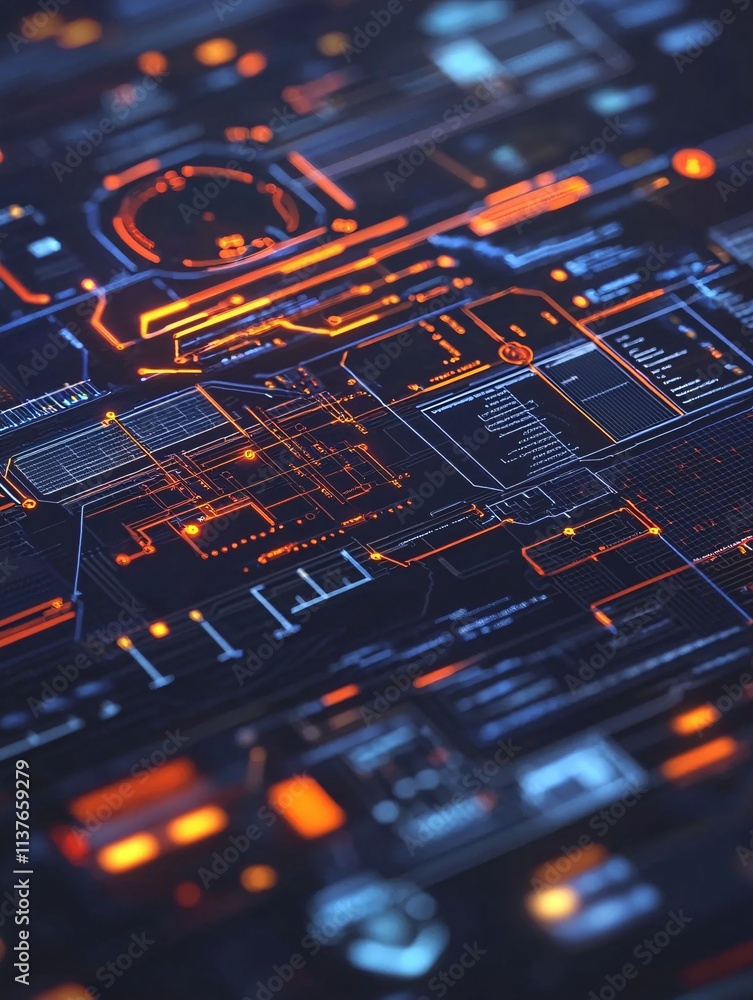 Poster analytics as the centerpiece of digital transformation processes, featuring glowing holograms, real-