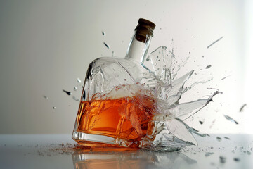 A bold shot of a whiskey bottle breaking glass as a metaphor for strength and resilience.