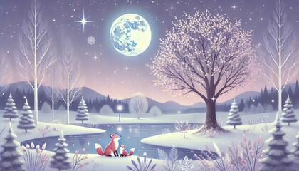 Serene Winter Night: A Fox Family Beneath the Gentle Purple Moonlit Sky