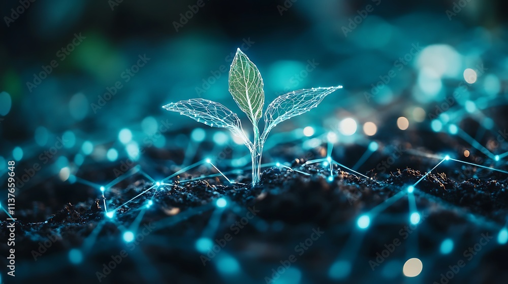 Poster digital growth concept with seedling and network connection representing nature and technology fusio