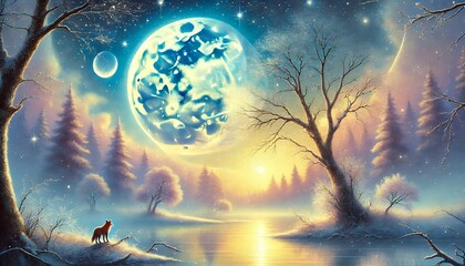 Obraz premium Serene Winter Night with Golden Moonlight and a Fox Amidst Mist