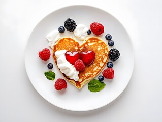 A heart-shaped pancake topped with strawberries, cream, and surrounded by fresh berries on a white plate.