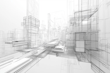 A futuristic cityscape rendered in digital wireframes, showcasing the integration of Building Information Modelling (BIM) technologies