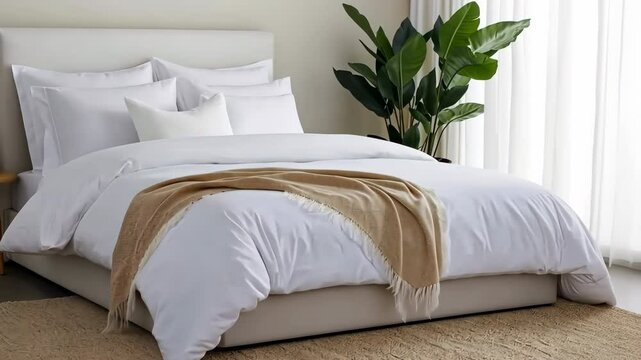 A bed with a white comforter and pillows, and a plant in the corner
