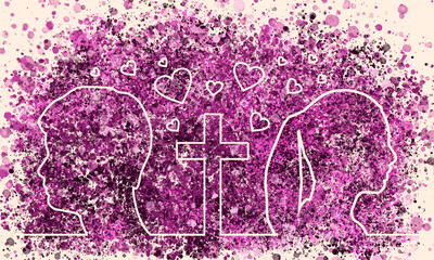 Happy valentines day and wedding design concept. Side view. Woman and man head thin line style silhouettes. Christian cross between people. Watercolor and spray painting.